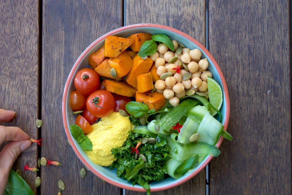 A bowl of vegetables and chickpeas