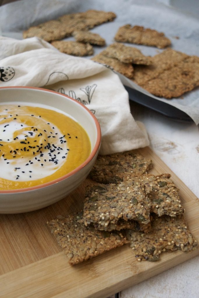 Pumpkin soup and crisp crackers