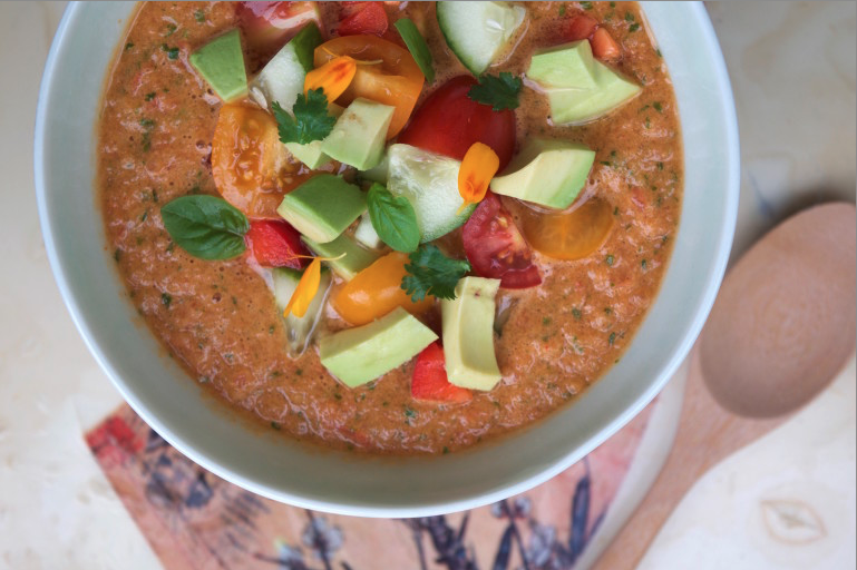 Gazpacho topped with vegetables